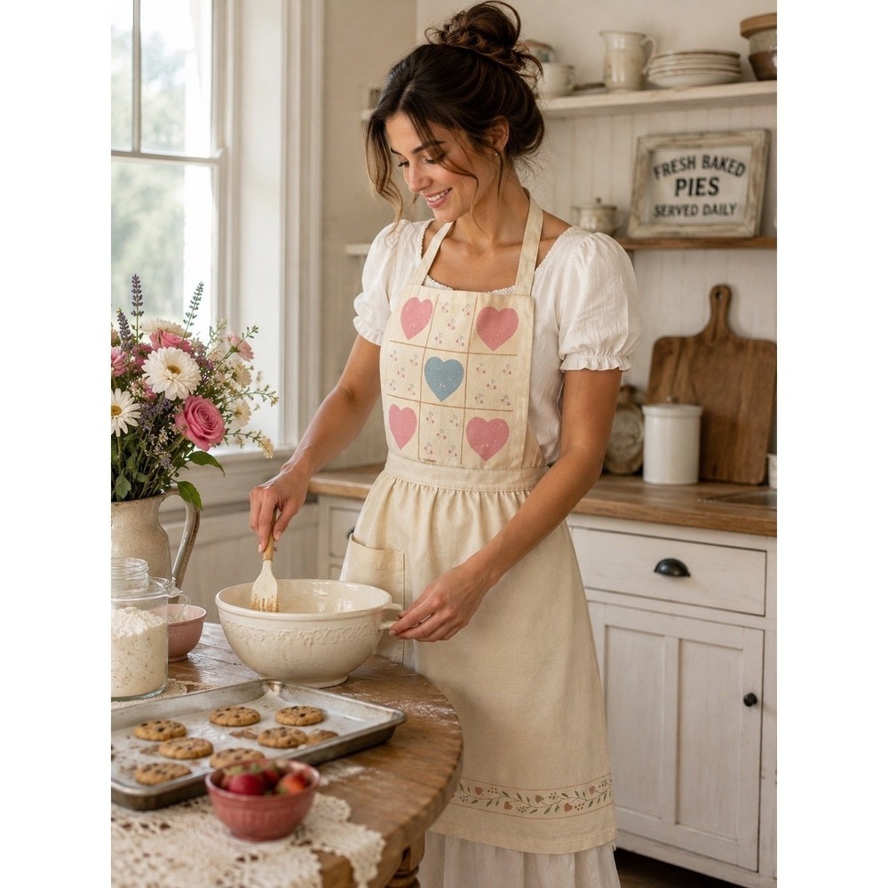 Vintage Heart Floral Kitchen Apron Beige Cotton Cottagecore Farmhouse Full Apron